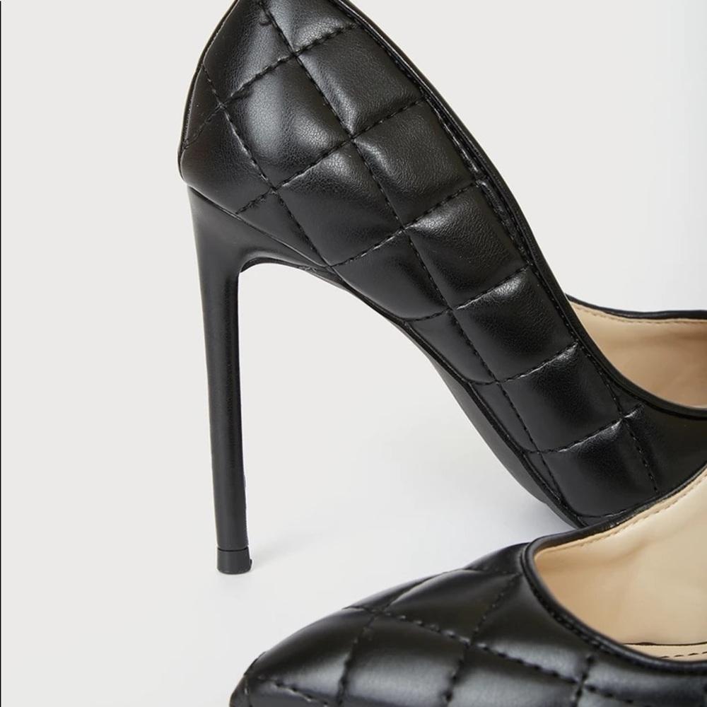 NEW BLACK QUILTED HIGH HEELS VEGAN LEATHER